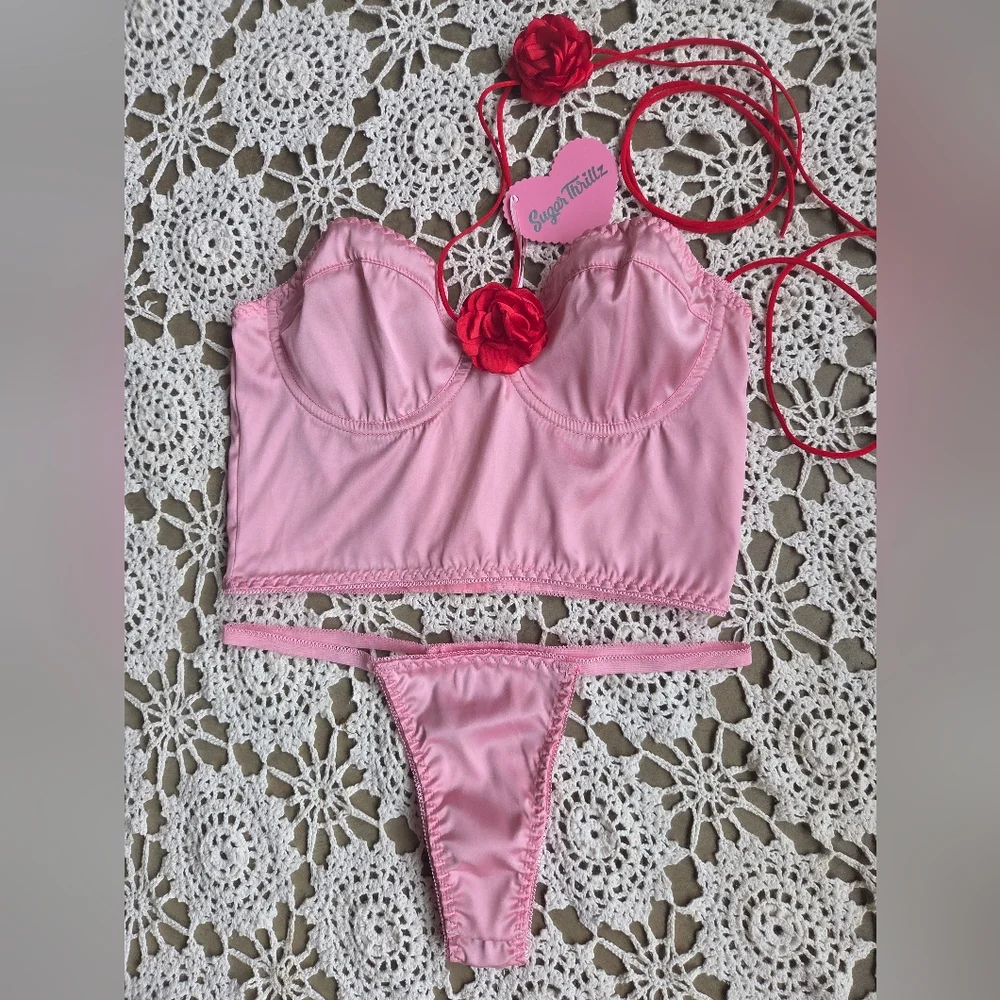 Dolls Kill Sugar Thrillz Floral Pink & Red Sultry Surrender Lingerie Set